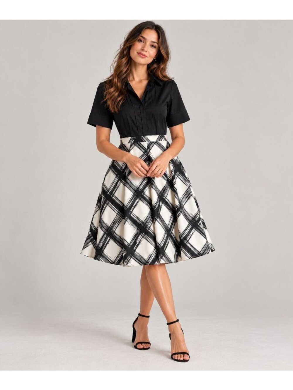 Banana Republic Black & White Plaid Full Midi Skirt High Waist Fit & Flare